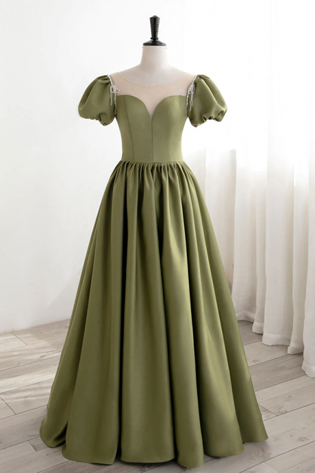 Green Puff Sleeves Satin Long Prom Dress, Green Long Formal Dresses