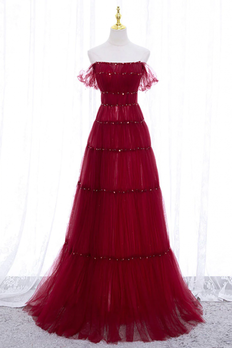 Burgundy Off Shoulder Long Prom Dress, Burgundy Formal Dress With Beading Sequin