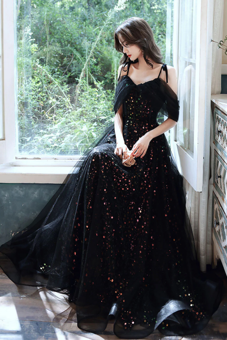 Black A-Line Long Prom Dresses, Black Formal Graduation Party Dress