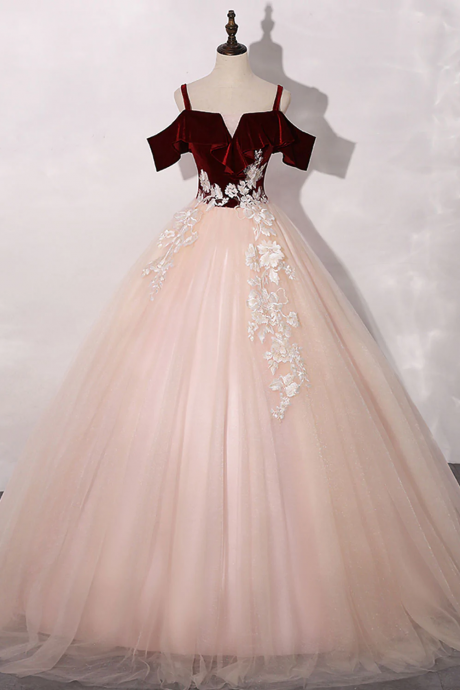 Pink/Burgundy Tulle Long Prom Dresses, A-Line Formal Dress with Lace