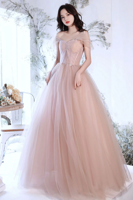 A Line Off Shoulder Pink Long Prom Dress, Pink Graduation Dress With Beading Lace