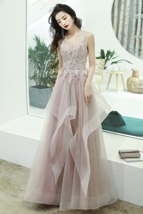 A-line V Neck Pink Long Prom Dress, Pink Formal Graduation Dress With Lace Beading