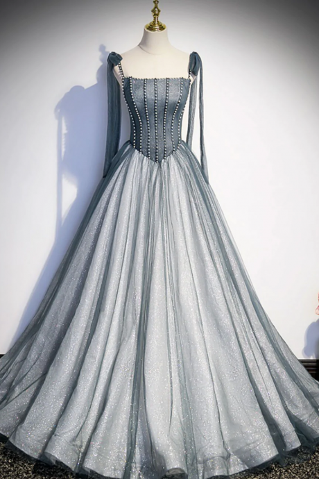 A Line Gray Long Prom Dresses, Tulle Gray Formal Graduation Dress With Beading