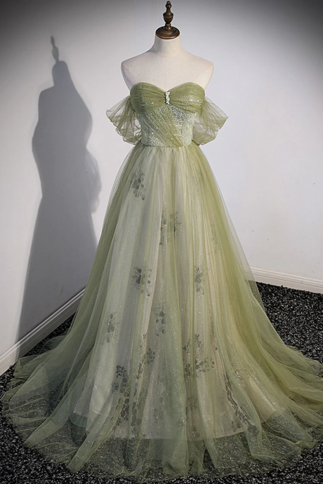 A Line Green Tulle Long Prom Dress, Green Formal Evening Dress With Beading