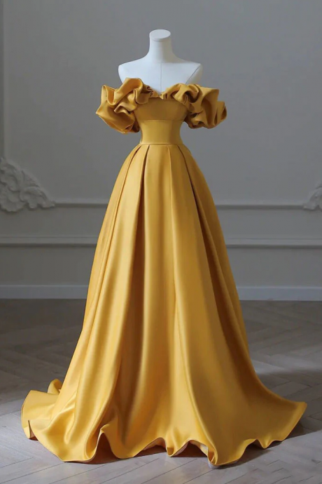 Satin Yellow Long Prom Dress, Aline Formal Yellow Graduation Party Dress