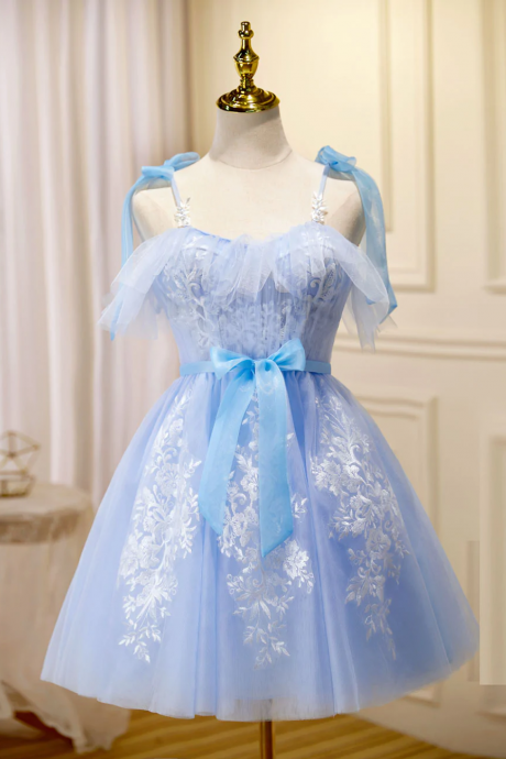 Blue Short Prom Dress, Puffy Cute Blue Homecoming Dress With Lace