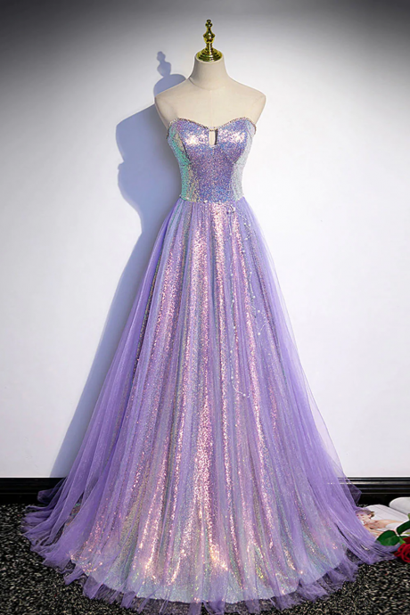 A Line Purple Sweetheart Neck Tulle Long Prom Dress, Purple Evening Dress