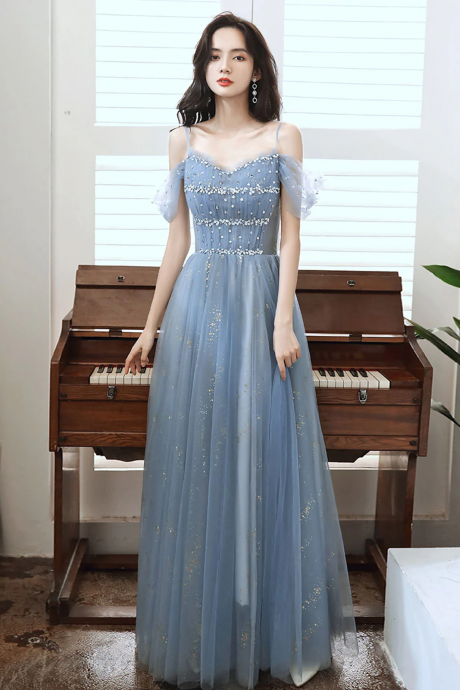 A Line Off Shoulder Sequin Blue Long Prom Dress, Blue Long Party Evening Dresses