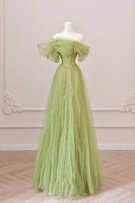 Green Tulle Off Shoulder Long Prom Dresses, Green Tulle Formal Evening Dress