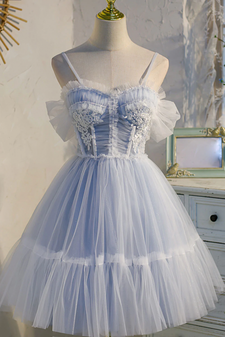 Blue Sweetheart Neck Tulle Lace Short Prom Dress Blue Puffy Homecoming Dress