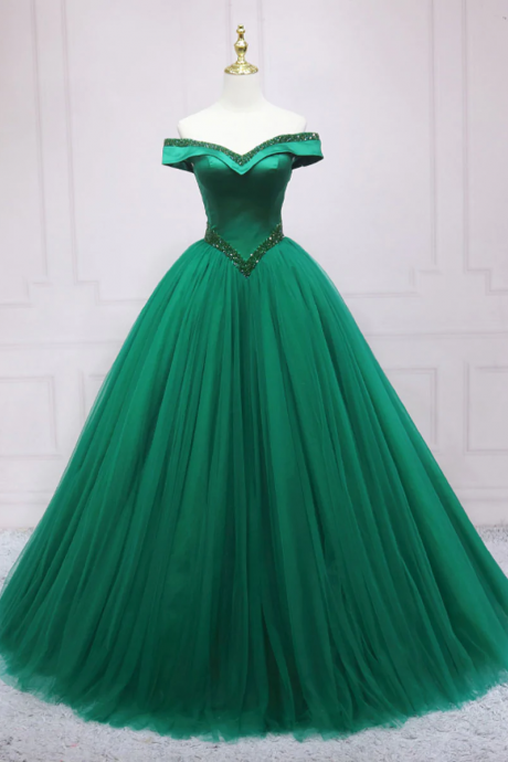Green Tulle Off Shoulder Tulle Beads Long Prom Dress, Green Formal Graduation Dresses