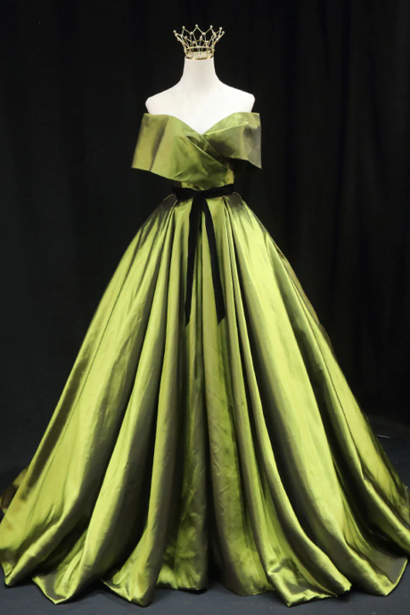 Green A Line Satin Long Prom Dress, Green Satin Formal Evening Dresses