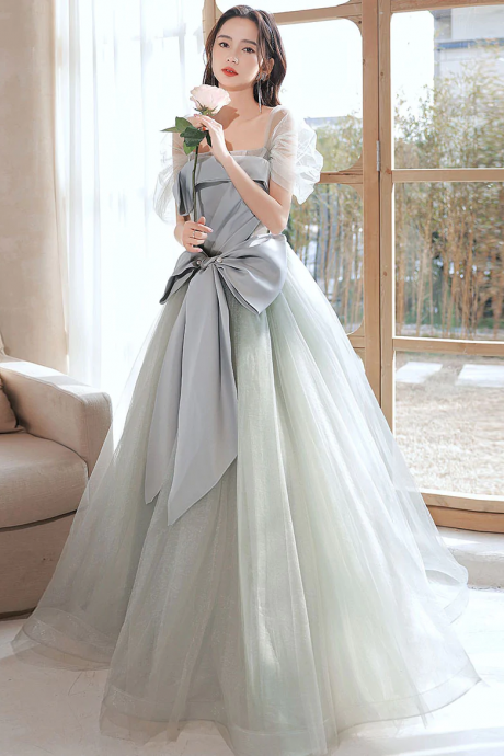 Gray Green Tulle Long Prom Dresses, Tulle Formal Graduation Dresses