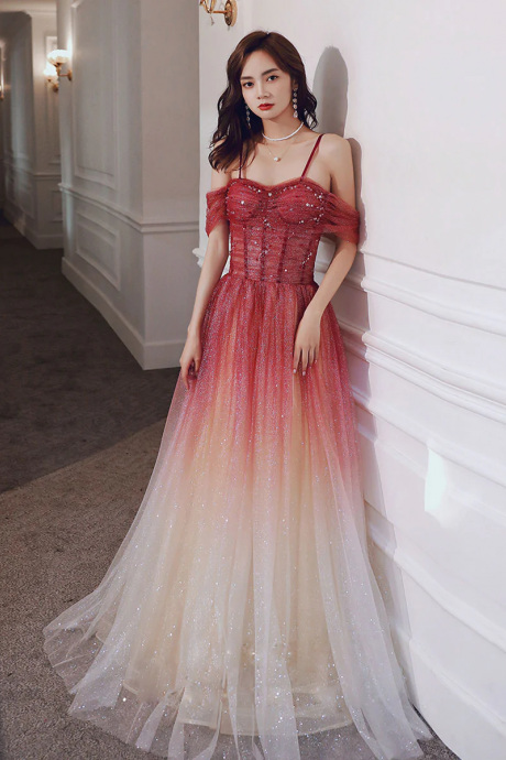 A Line Sweetheart Neck Tulle Long Prom Dress Burgundy Off Shoulder Evening Dress