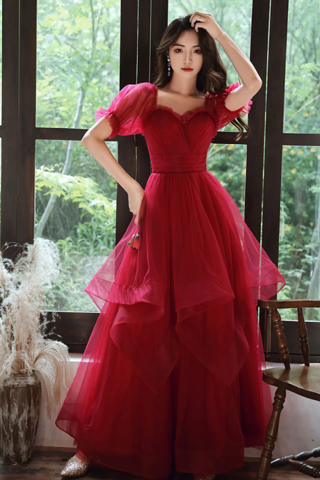 Simple A Line Tulle Long Prom Dress Burgundy Tulle Formal Dress