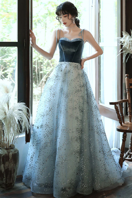 A Line Blue Tulle/velvet Long Prom Dress, Tulle Blue Graduation Dress With Beading Sequin