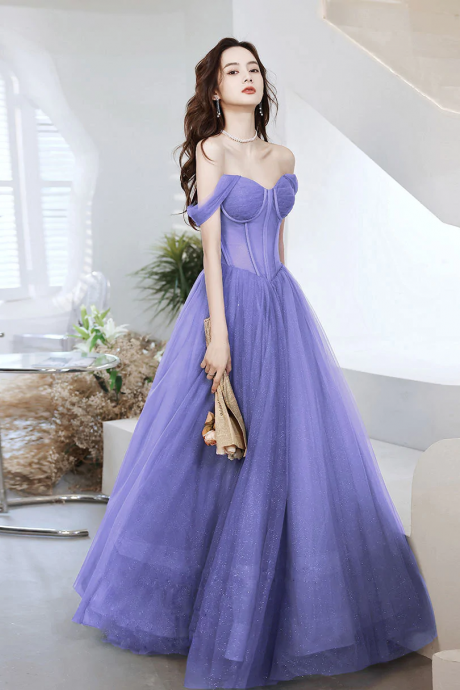 Purple Sweetheart Neck Tulle Long Prom Dress, Purple Formal Evening Graduation Dress