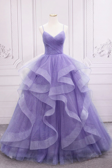 Purple V Neck Tulle Long Prom Dress, Purple Sweet 16 Dress