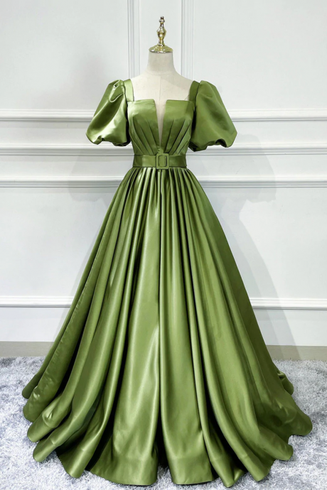 A Line Satin Long Green Prom Dresses, Green Formal Evening Graduation Dresses