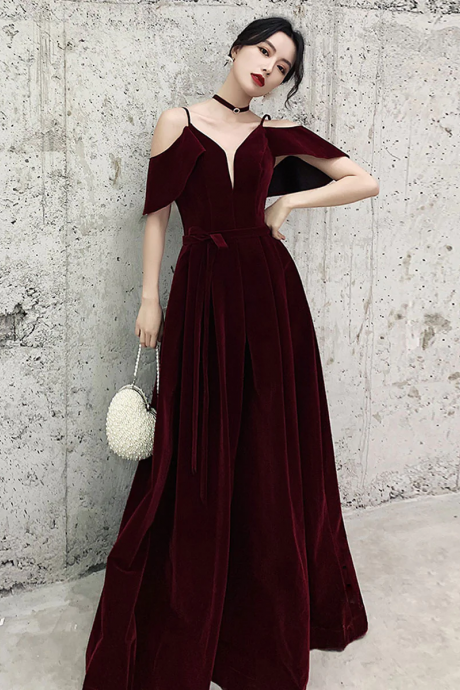 Burgundy Off Shoulder Velvet Long Prom Dress, Burgundy Formal Evening Dresses