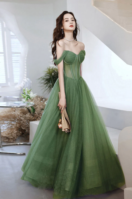 Green Sweetheart Neck Tulle Long Prom Dress, Green A Line Formal Dresses