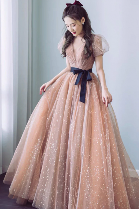 Simple Champagne V Neck Tulle Long Prom Dress, Champagne Evening Dresses