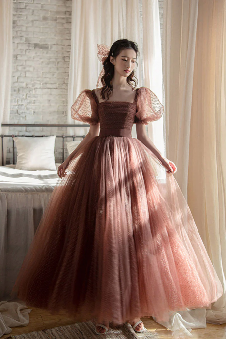 Elegant Retro Brown Tea Length Tulle Prom Dress, Puffy Homecoming Dress