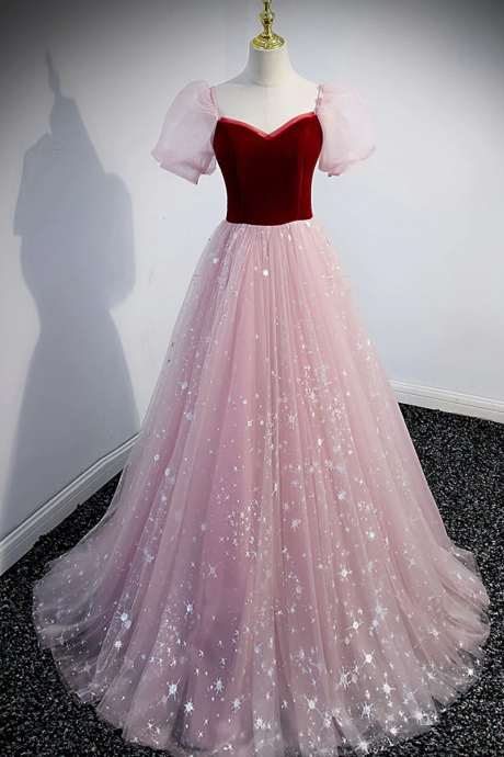 Pink A Line Tulle Long Prom Dress, Pink Tulle Evening Graduation Dresses