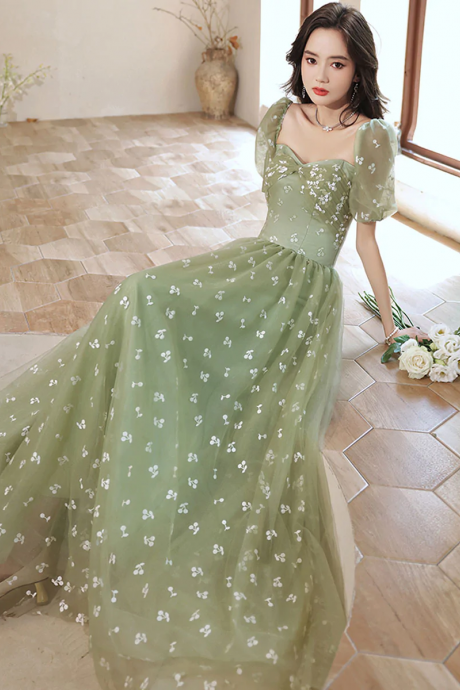 Green Tulle Long Prom Dress, Green A Line Formal Graduation Dresses