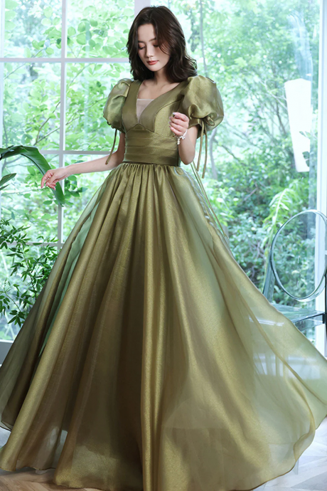 Simple Green V Neck Tulle Long Prom Dress, Green Evening Dresses