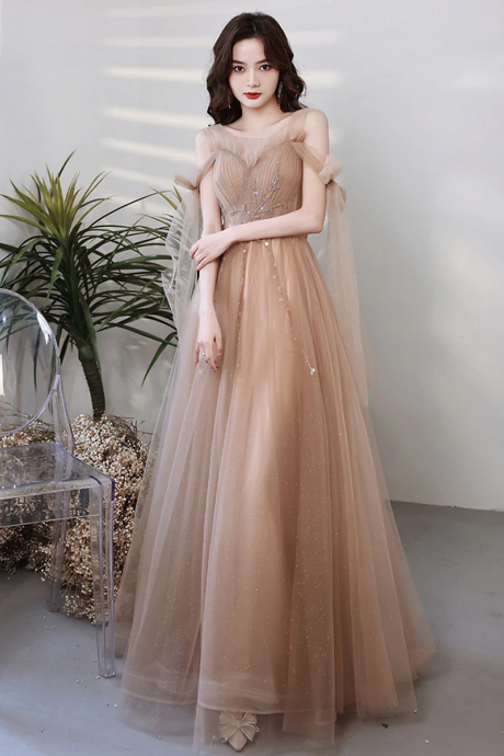 A Line Tulle Beads Champagne Long Prom Dress, Champagne Graduation Dresses