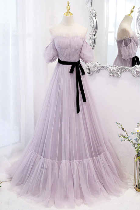Purple Tulle A Line Long Prom Dress, Purple Bridesmaid Dress