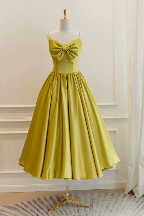 Simple Yellow Satin Tea Length Prom Dress, Yellow Homecoming Dress