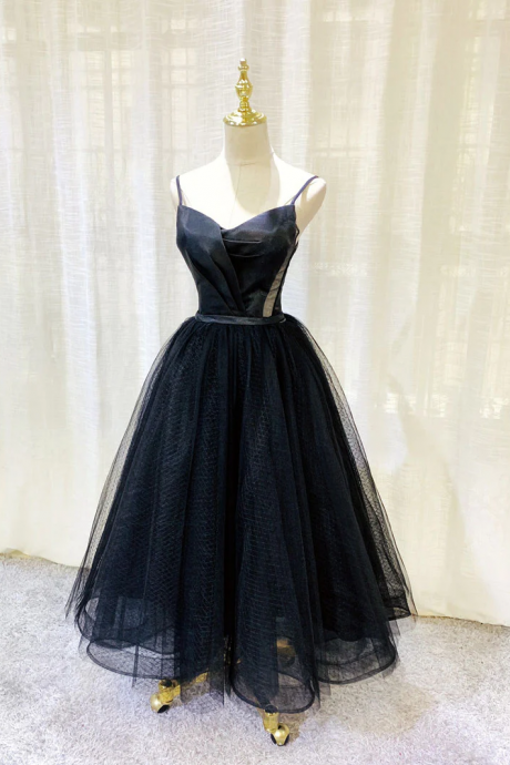 Simple Tulle Tea Length Black Prom Dress, Black Homecoming Dress