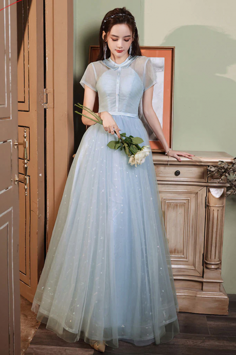 Blue A-line Tulle Long Prom Dress, Tulle Evening Dress