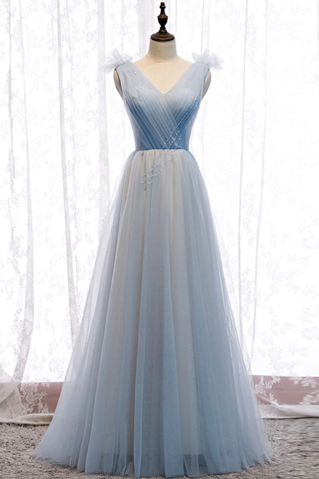 Simple Blue V Neck Tulle Long Prom Dress, Blue Formal Party Dresses
