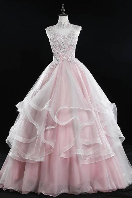 Pink High Neck Tulle Lace Long Sweet 16 Dress Tulle Lace Pink Prom Dress