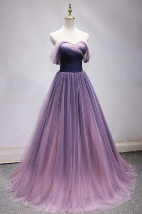 Simple Sweetheart Tulle Purple Long Prom Dress, Bridesmaid Dress