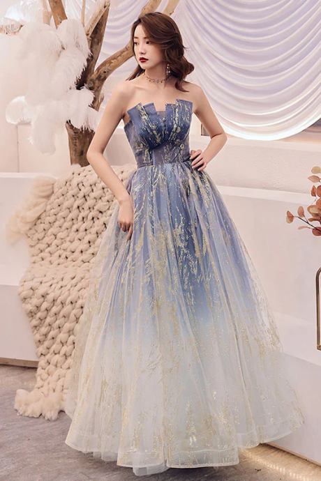 Unique Blue Tulle Long Prom Dress, Blue Evening Graduation Dresses