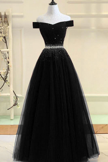 Black Tulle Sequin Long Prom Dress, Black Tulle Evening Dress
