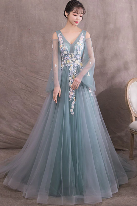 Green V Neck Tulle Lace Long Prom Dress, Gray Green Evening Dress
