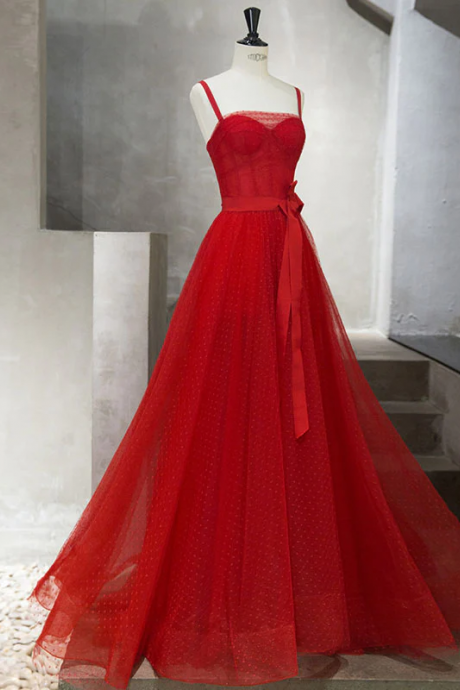 Red Tulle Long Prom Dress, Red Tulle Evening Dress
