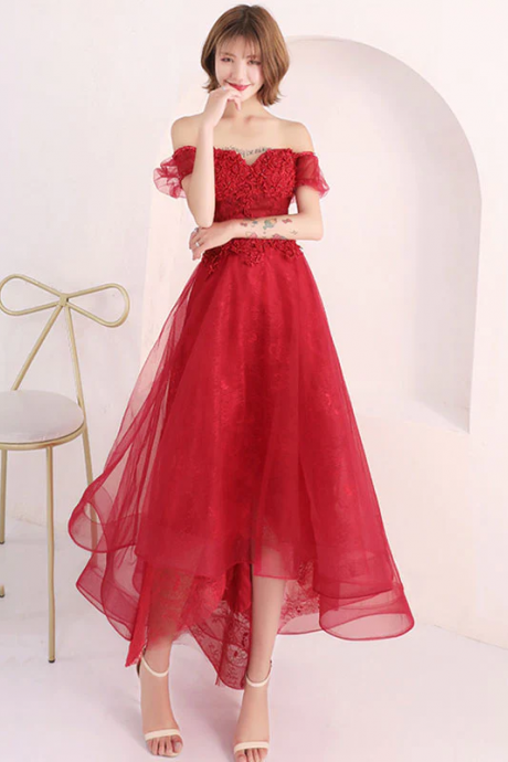 Burgundy Lace Short Prom Dress, Burgundy Evening Dress