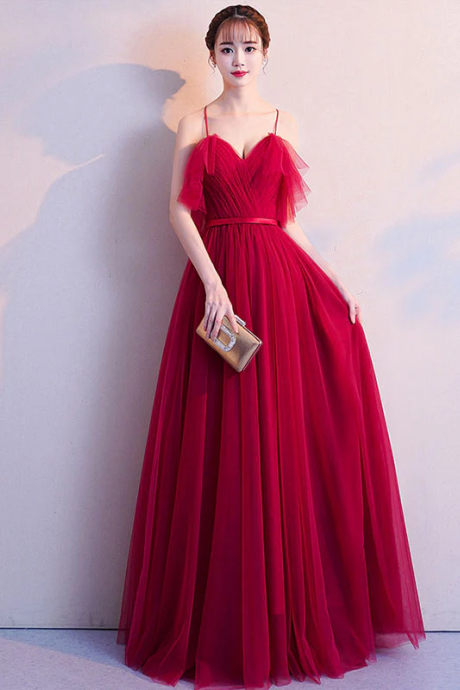 Simple Burgundy Tulle Long Prom Dress, Burgundy Evening Dress