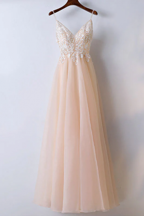Champagne V Neck Tulle Long Prom Dress, Lace Evening Dress