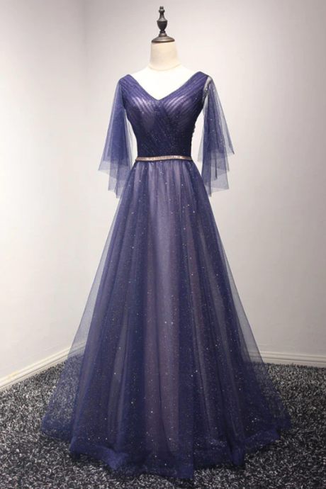 Simple V Neck Long Purple Prom Dress, Purple Long Evening Dress