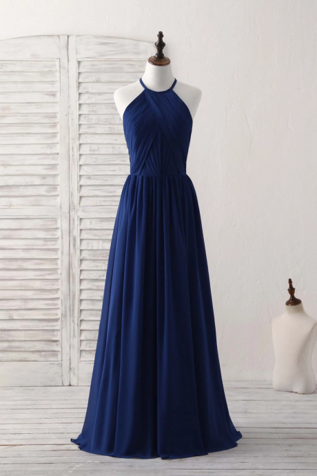 Simple Dark Blue Chiffon Long Prom Dress Blue Bridesmaid Dress