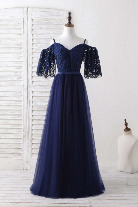 Dark Blue A-line Lace Tulle Long Prom Dress Blue Evening Dress