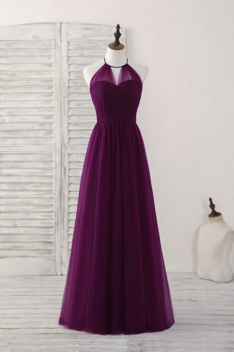 Simple Tulle A-line Purple Long Prom Dress, Bridesmaid Dress