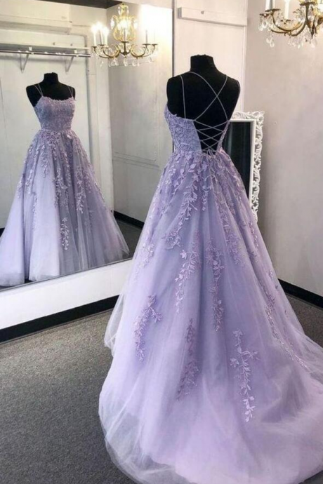 Spaghetti Straps Lavender Tulle Applique Prom Dresses